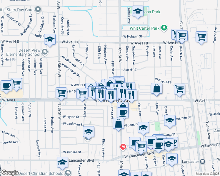 map of restaurants, bars, coffee shops, grocery stores, and more near 1112 West Avenue H14 in Lancaster
