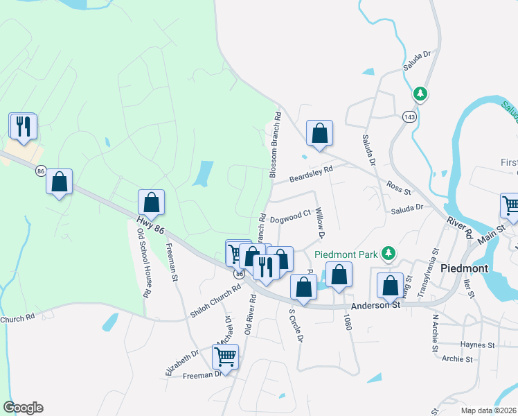 map of restaurants, bars, coffee shops, grocery stores, and more near 101 Dogwood Court in Piedmont