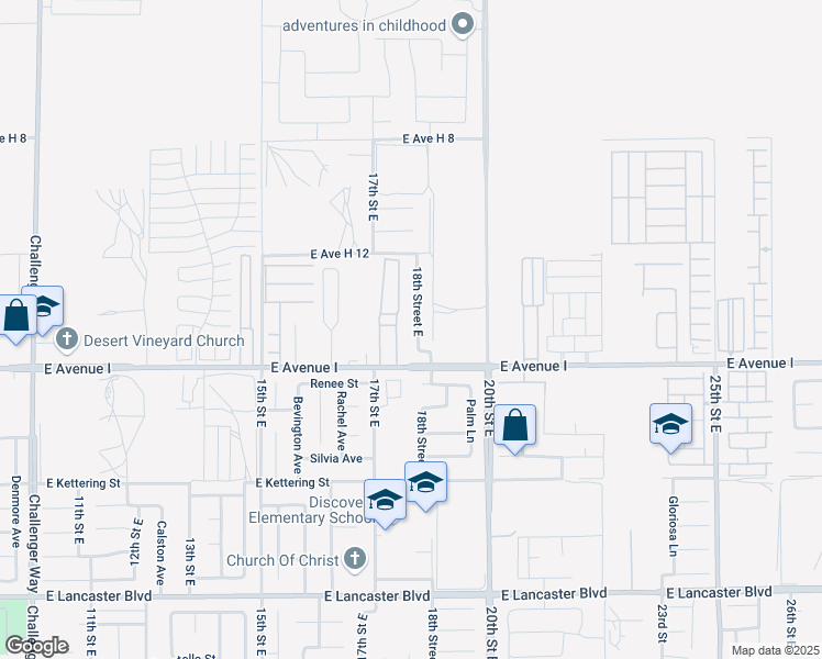 map of restaurants, bars, coffee shops, grocery stores, and more near 45235 18th Street East in Lancaster
