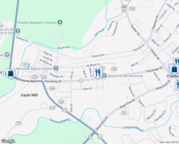 map of restaurants, bars, coffee shops, grocery stores, and more near 110 Nella Street in Chester