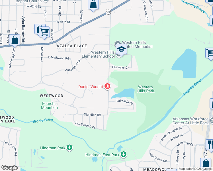map of restaurants, bars, coffee shops, grocery stores, and more near 7606 Westwood Avenue in Little Rock