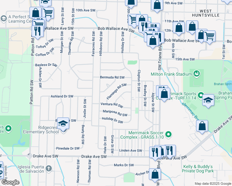 map of restaurants, bars, coffee shops, grocery stores, and more near 3524 Flamingo Road Southwest in Huntsville