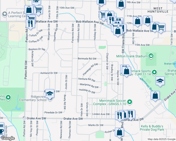 map of restaurants, bars, coffee shops, grocery stores, and more near 3500 Flamingo Road Southwest in Huntsville