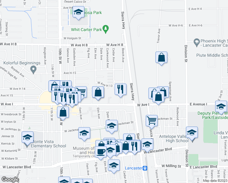 map of restaurants, bars, coffee shops, grocery stores, and more near 536 West Avenue H 14 in Lancaster