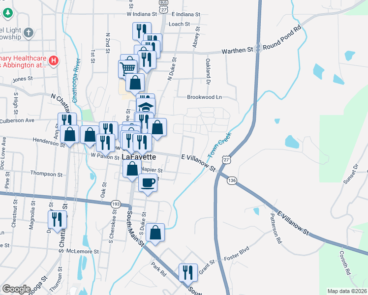 map of restaurants, bars, coffee shops, grocery stores, and more near 106 Shaw Street North in LaFayette