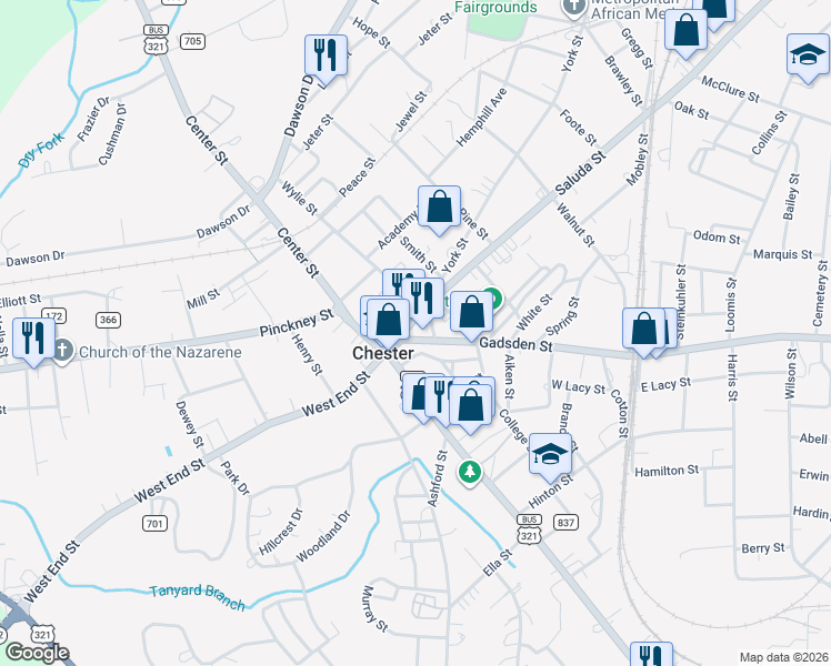 map of restaurants, bars, coffee shops, grocery stores, and more near 123 Main Street in Chester