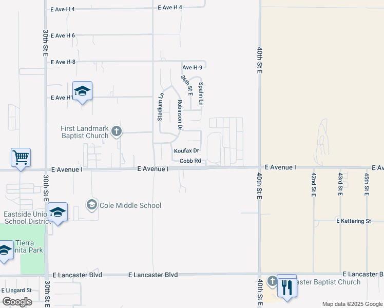 map of restaurants, bars, coffee shops, grocery stores, and more near 3630 Koufax Drive in Lancaster