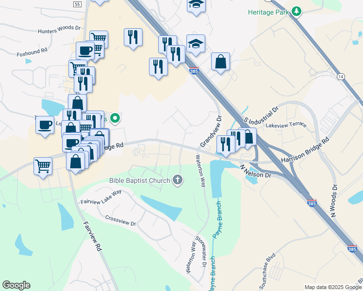 map of restaurants, bars, coffee shops, grocery stores, and more near 302 Harrison Bridge Road in Simpsonville