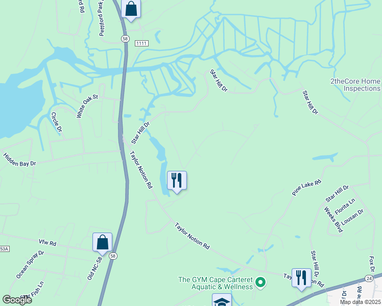 map of restaurants, bars, coffee shops, grocery stores, and more near 103 Sutton Drive in Cape Carteret