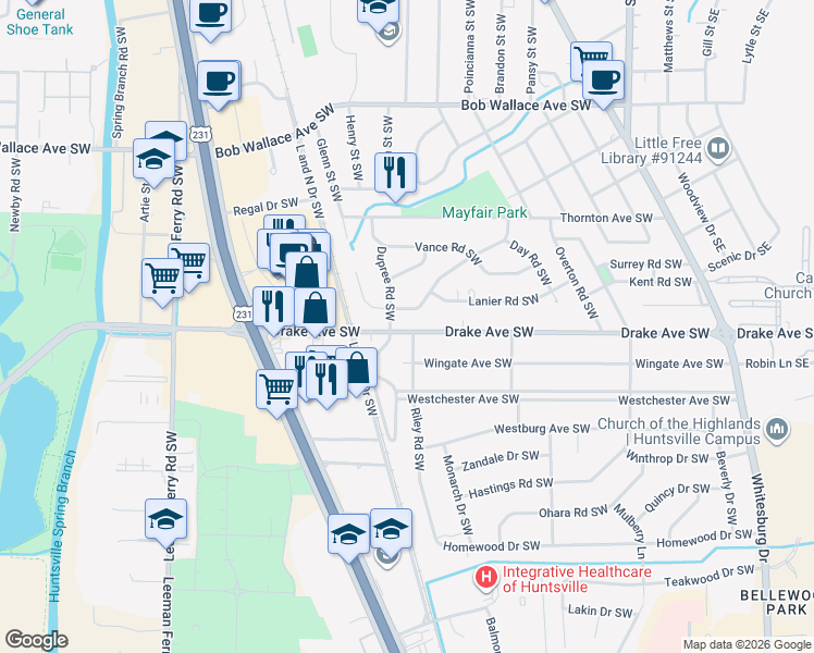map of restaurants, bars, coffee shops, grocery stores, and more near 328 Drake Avenue Southwest in Huntsville