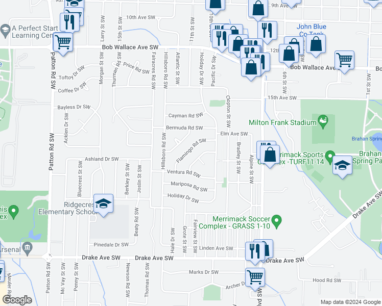 map of restaurants, bars, coffee shops, grocery stores, and more near 3524 Flamingo Road Southwest in Huntsville