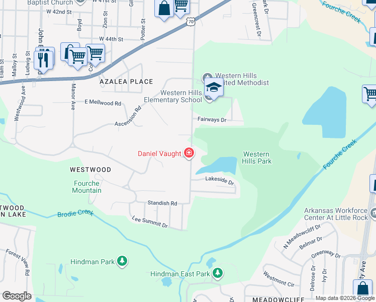 map of restaurants, bars, coffee shops, grocery stores, and more near 7606 Westwood Avenue in Little Rock