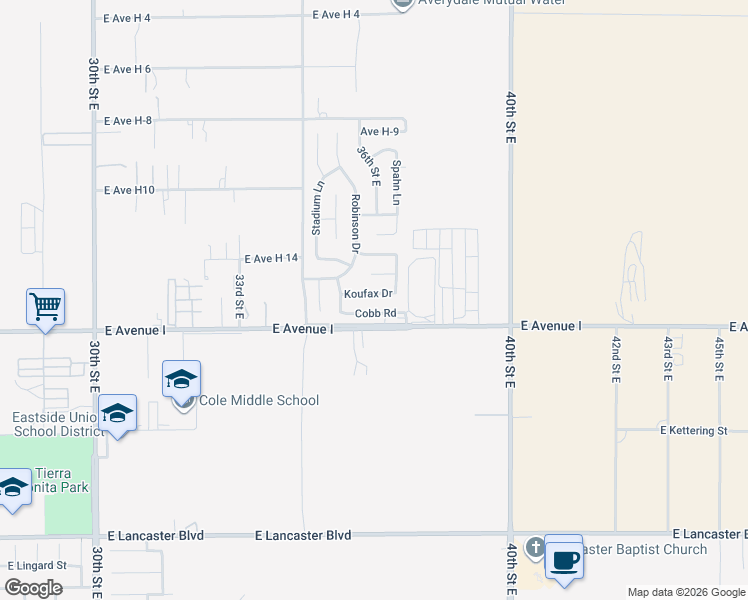 map of restaurants, bars, coffee shops, grocery stores, and more near 3624 Koufax Drive in Lancaster