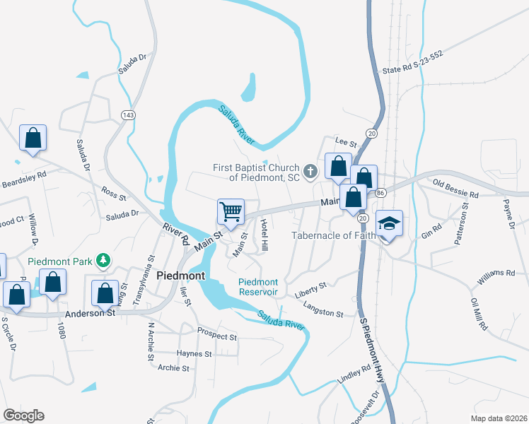 map of restaurants, bars, coffee shops, grocery stores, and more near Main Street in Piedmont