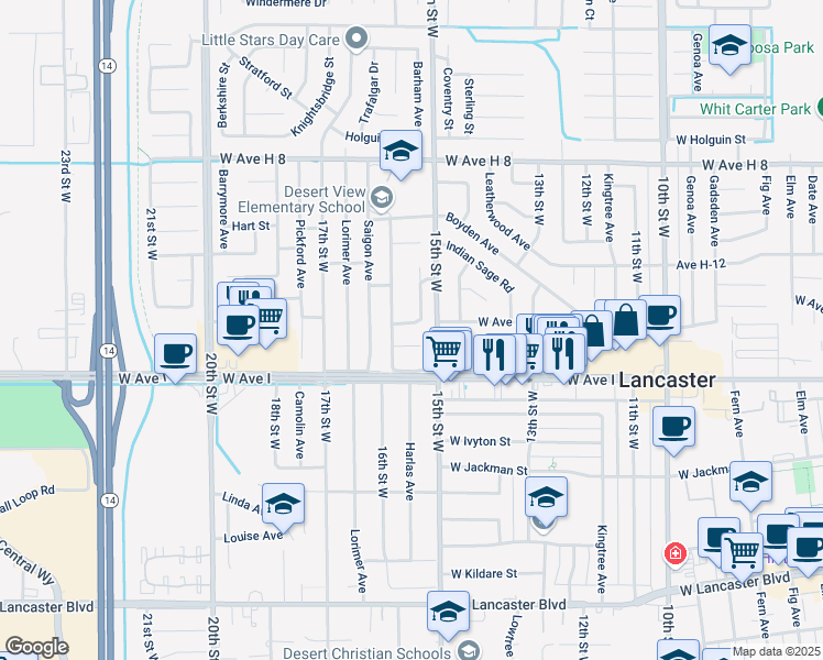 map of restaurants, bars, coffee shops, grocery stores, and more near 1526 Essex Lane in Lancaster
