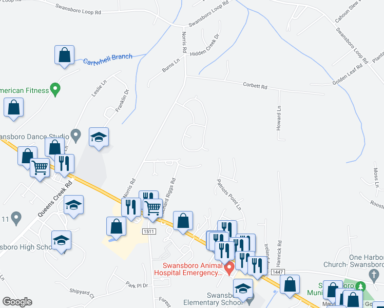 map of restaurants, bars, coffee shops, grocery stores, and more near 245 Channel Marker Loop in Swansboro