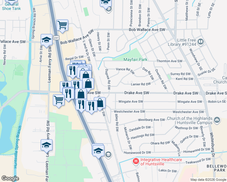 map of restaurants, bars, coffee shops, grocery stores, and more near 328 Drake Avenue Southwest in Huntsville