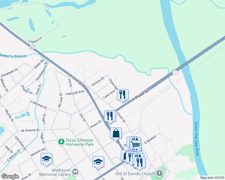 map of restaurants, bars, coffee shops, grocery stores, and more near 52 Lynn Avenue in Cheraw