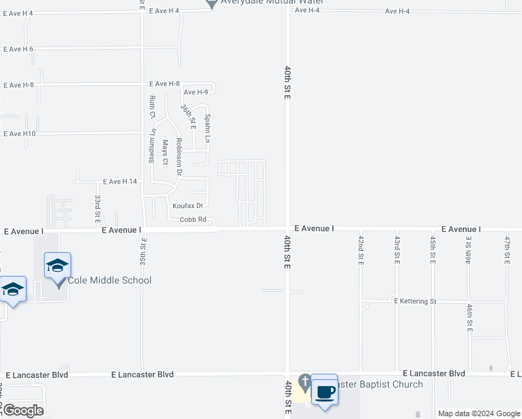 map of restaurants, bars, coffee shops, grocery stores, and more near 3753 East Avenue I in Lancaster
