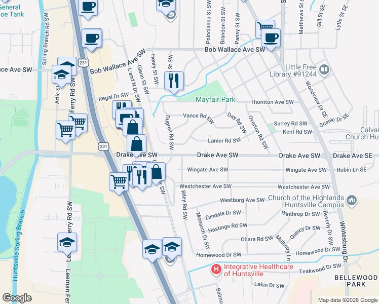 map of restaurants, bars, coffee shops, grocery stores, and more near 320 Drake Avenue Southwest in Huntsville