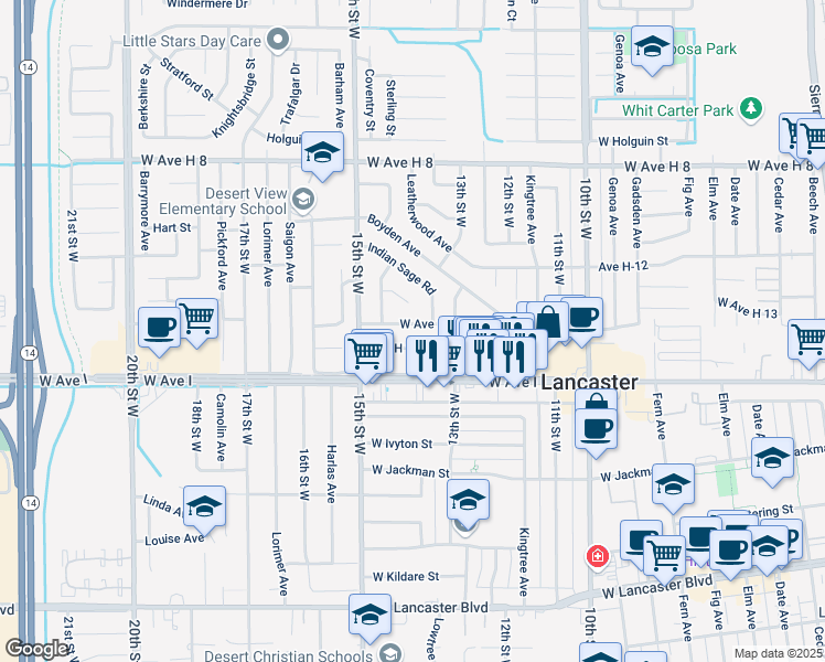 map of restaurants, bars, coffee shops, grocery stores, and more near 1346 West Avenue H14 in Lancaster