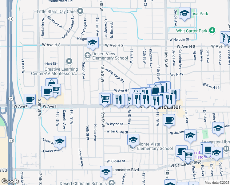 map of restaurants, bars, coffee shops, grocery stores, and more near East Avenue H 14 in Lancaster