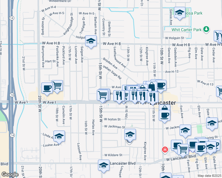 map of restaurants, bars, coffee shops, grocery stores, and more near 1346 West Avenue H14 in Lancaster