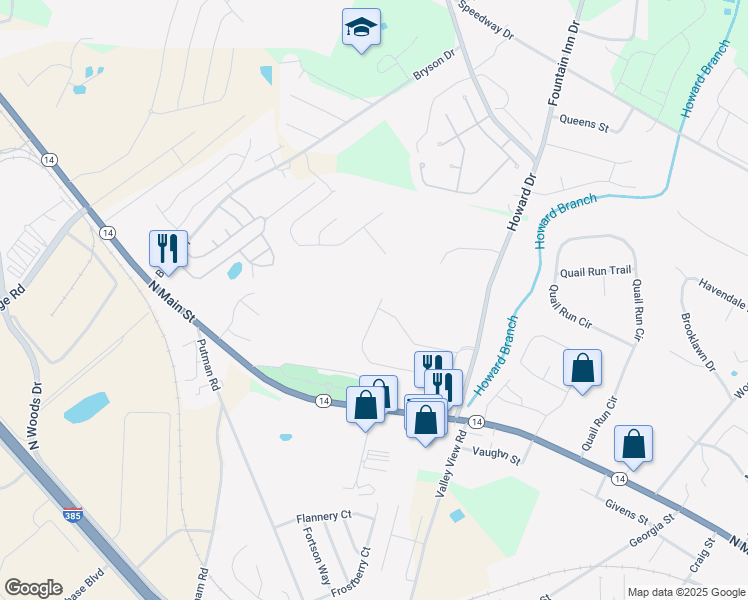 map of restaurants, bars, coffee shops, grocery stores, and more near 1512 Howard Drive in Fountain Inn