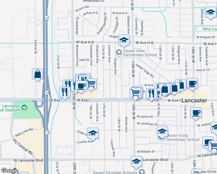 map of restaurants, bars, coffee shops, grocery stores, and more near 45245 Lorimer Avenue in Lancaster
