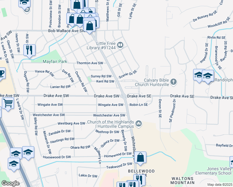 map of restaurants, bars, coffee shops, grocery stores, and more near 104 Drake Avenue Southwest in Huntsville