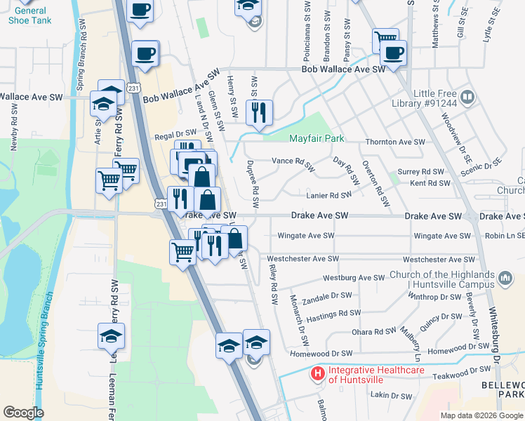 map of restaurants, bars, coffee shops, grocery stores, and more near 328 Drake Avenue Southwest in Huntsville