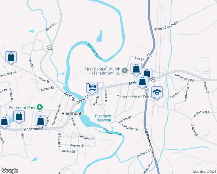 map of restaurants, bars, coffee shops, grocery stores, and more near Main Street in Piedmont
