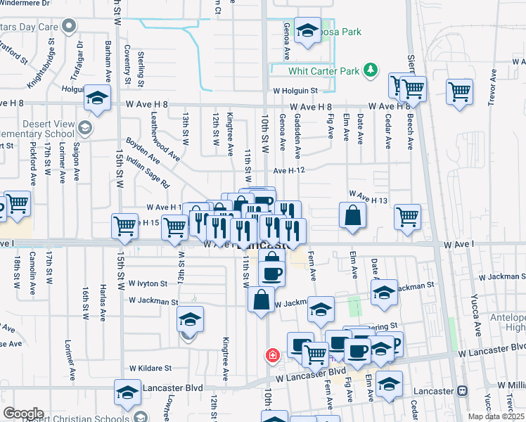 map of restaurants, bars, coffee shops, grocery stores, and more near 1022 West Avenue H 14 in Lancaster