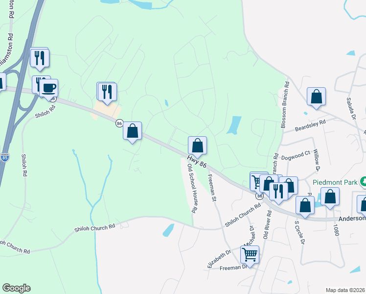 map of restaurants, bars, coffee shops, grocery stores, and more near 1600 Hwy 86 in Piedmont