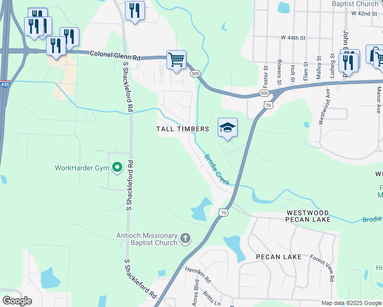 map of restaurants, bars, coffee shops, grocery stores, and more near 5202 Timberland Drive in Little Rock