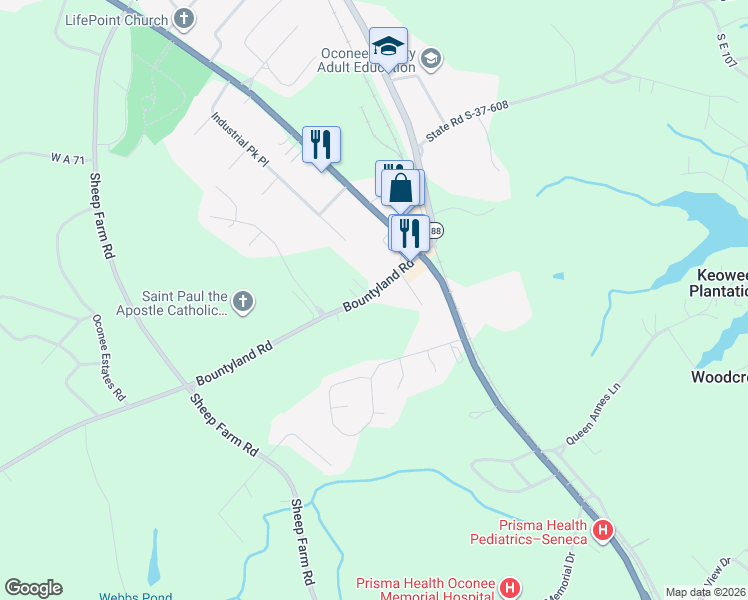 map of restaurants, bars, coffee shops, grocery stores, and more near 135 Bountyland Road in Seneca