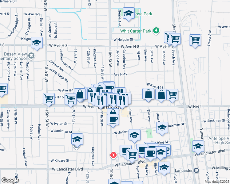map of restaurants, bars, coffee shops, grocery stores, and more near Genoa Avenue in Lancaster