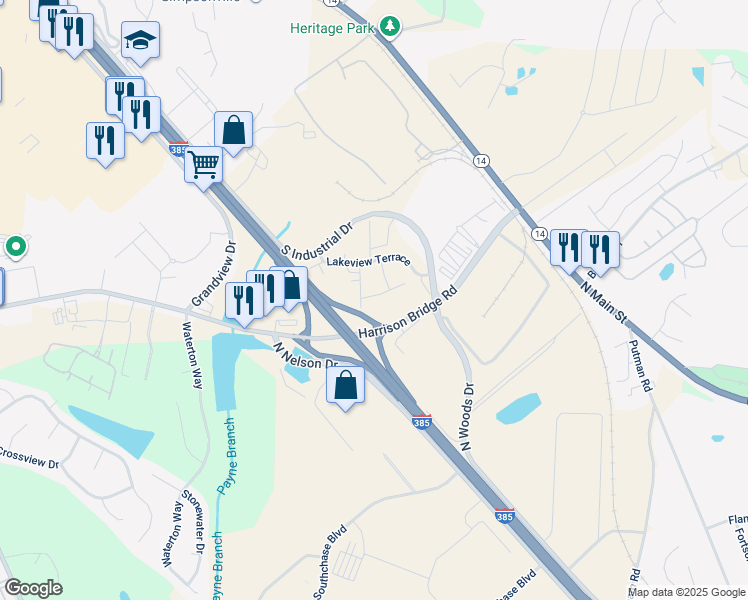 map of restaurants, bars, coffee shops, grocery stores, and more near 108 Harrison Bridge Road in Simpsonville