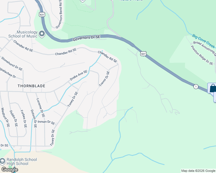 map of restaurants, bars, coffee shops, grocery stores, and more near 2713 Trevor Drive Southeast in Huntsville