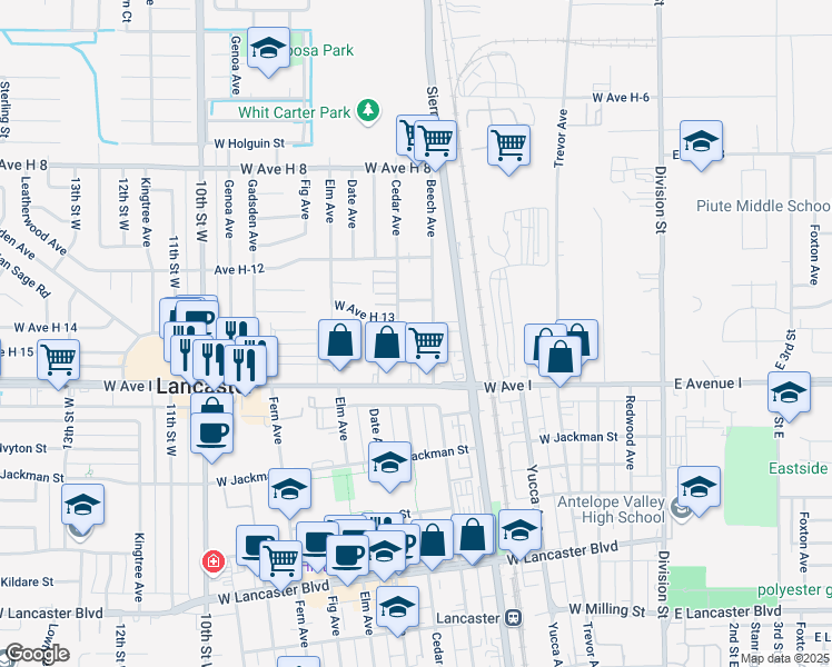 map of restaurants, bars, coffee shops, grocery stores, and more near 520 West Avenue H 14 in Lancaster