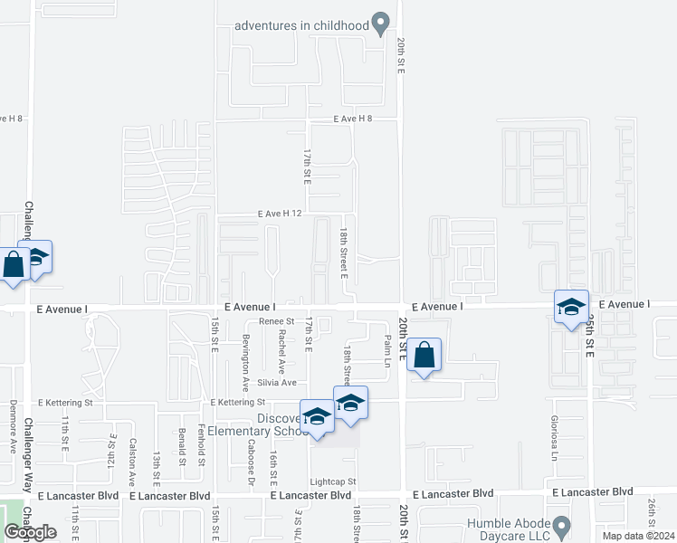 map of restaurants, bars, coffee shops, grocery stores, and more near 45241 18th Street East in Lancaster