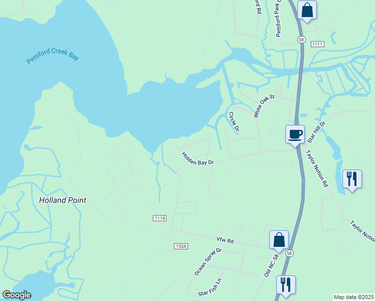 map of restaurants, bars, coffee shops, grocery stores, and more near 195 Dogwood Drive in Swansboro