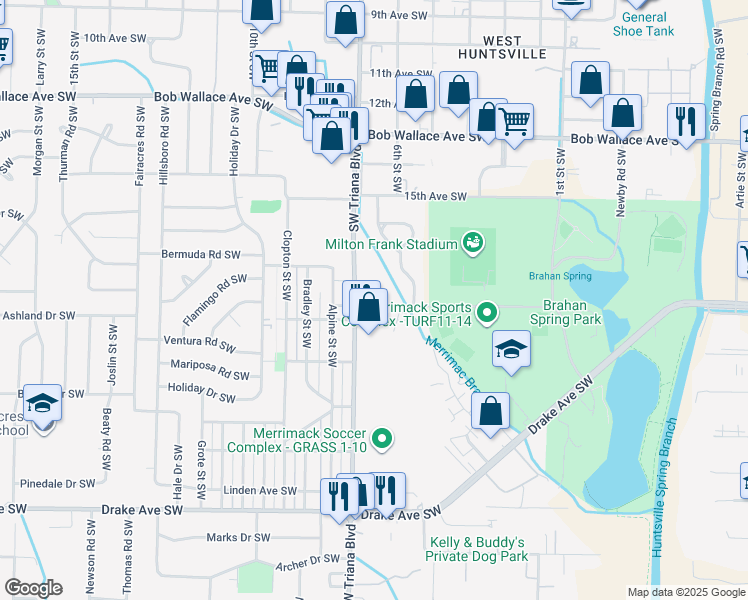 map of restaurants, bars, coffee shops, grocery stores, and more near 3108 Ivy Avenue Southwest in Huntsville