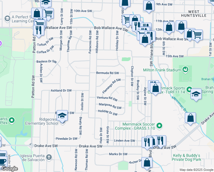 map of restaurants, bars, coffee shops, grocery stores, and more near 3524 Flamingo Road Southwest in Huntsville