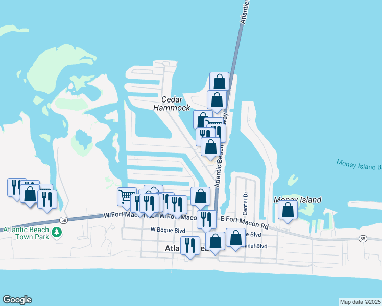map of restaurants, bars, coffee shops, grocery stores, and more near 131 Old Causeway Road in Atlantic Beach
