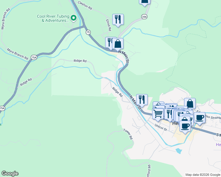 map of restaurants, bars, coffee shops, grocery stores, and more near 347 Ridge Road in Helen