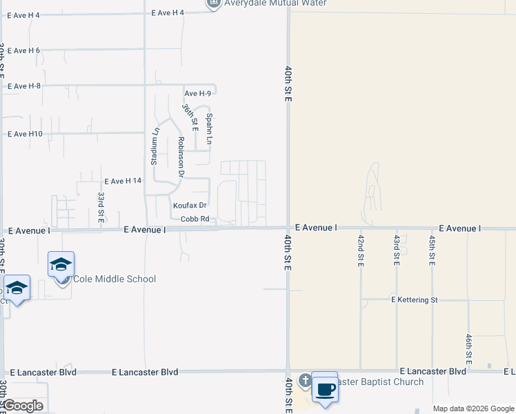 map of restaurants, bars, coffee shops, grocery stores, and more near 3753 East Avenue H10 in Lancaster