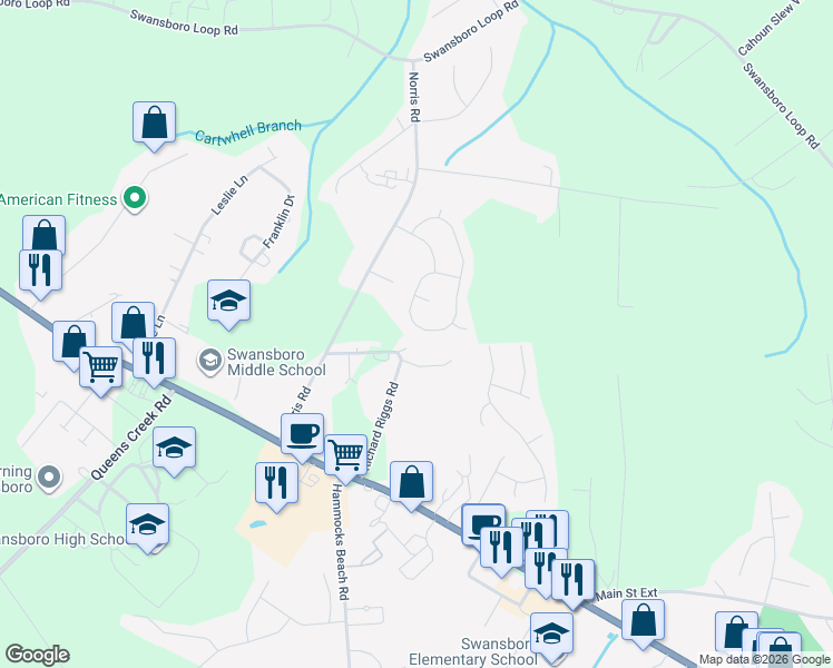 map of restaurants, bars, coffee shops, grocery stores, and more near 249 Channel Marker Loop in Swansboro