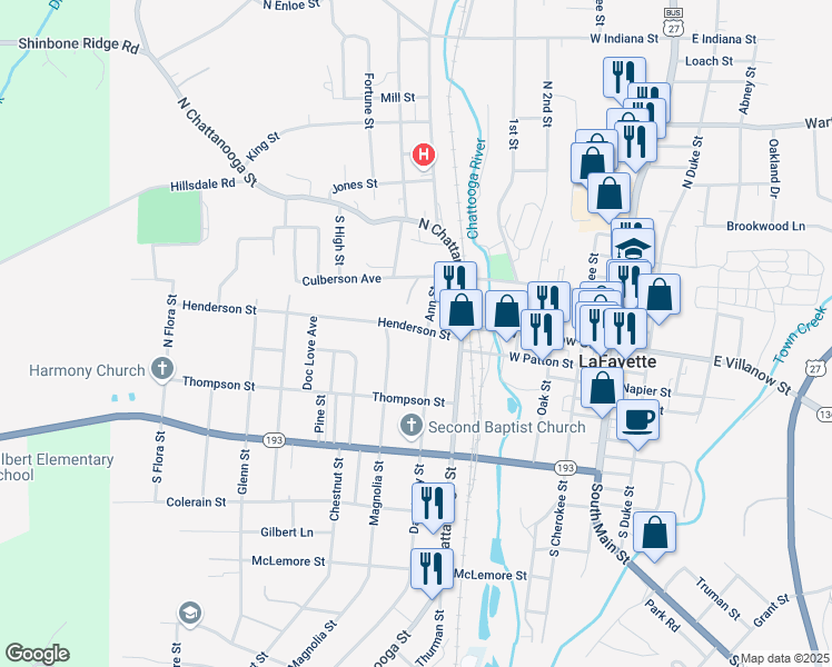 map of restaurants, bars, coffee shops, grocery stores, and more near 102 Daugherty Street in LaFayette