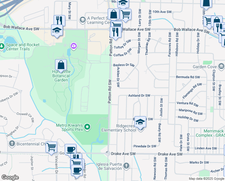 map of restaurants, bars, coffee shops, grocery stores, and more near 3109 Patton Road Southwest in Huntsville